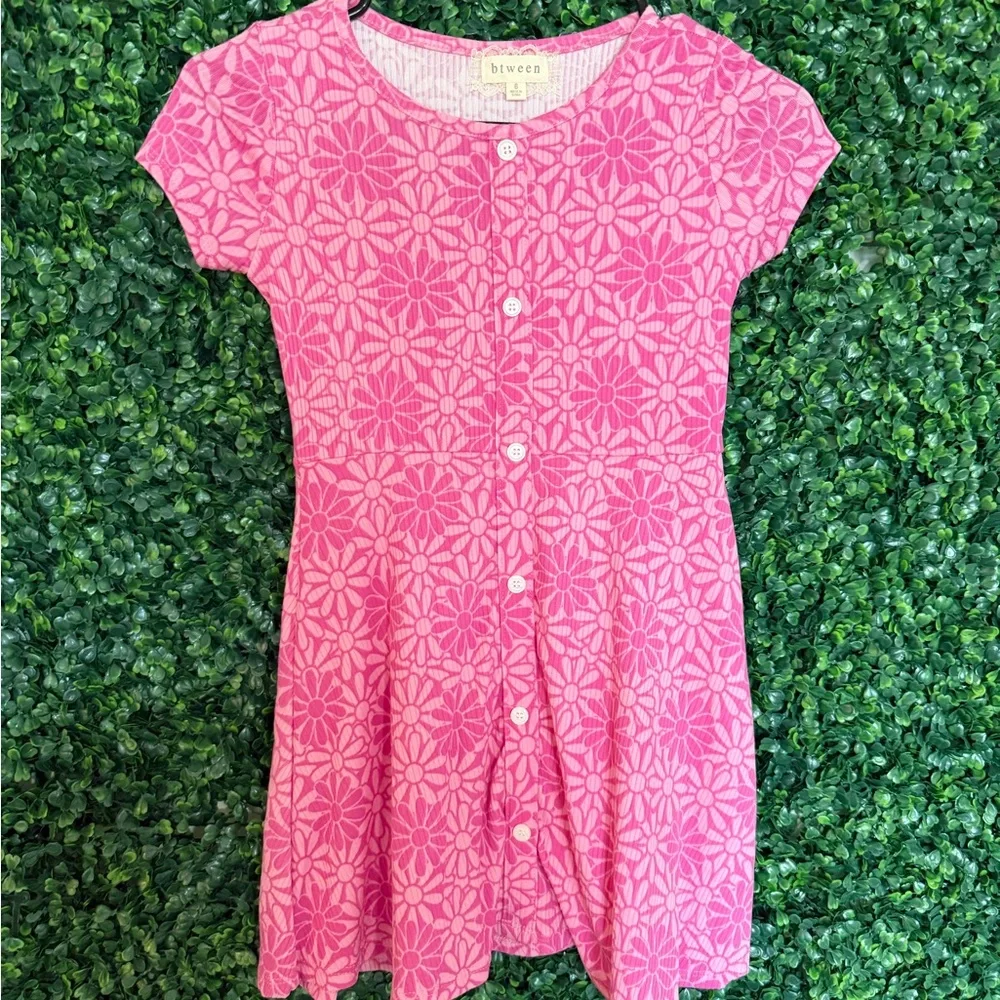 btween Pink Floral Button-Front Casual Dress